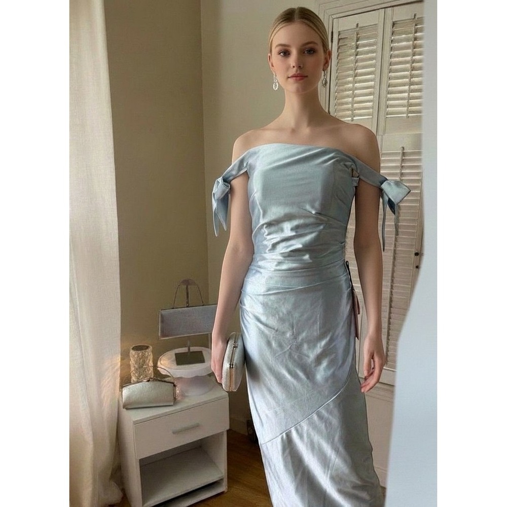 Kiss Your‎ Dream KissProm Light Blue Satin Off Shoulder Ruched Maxi Gown Size 2